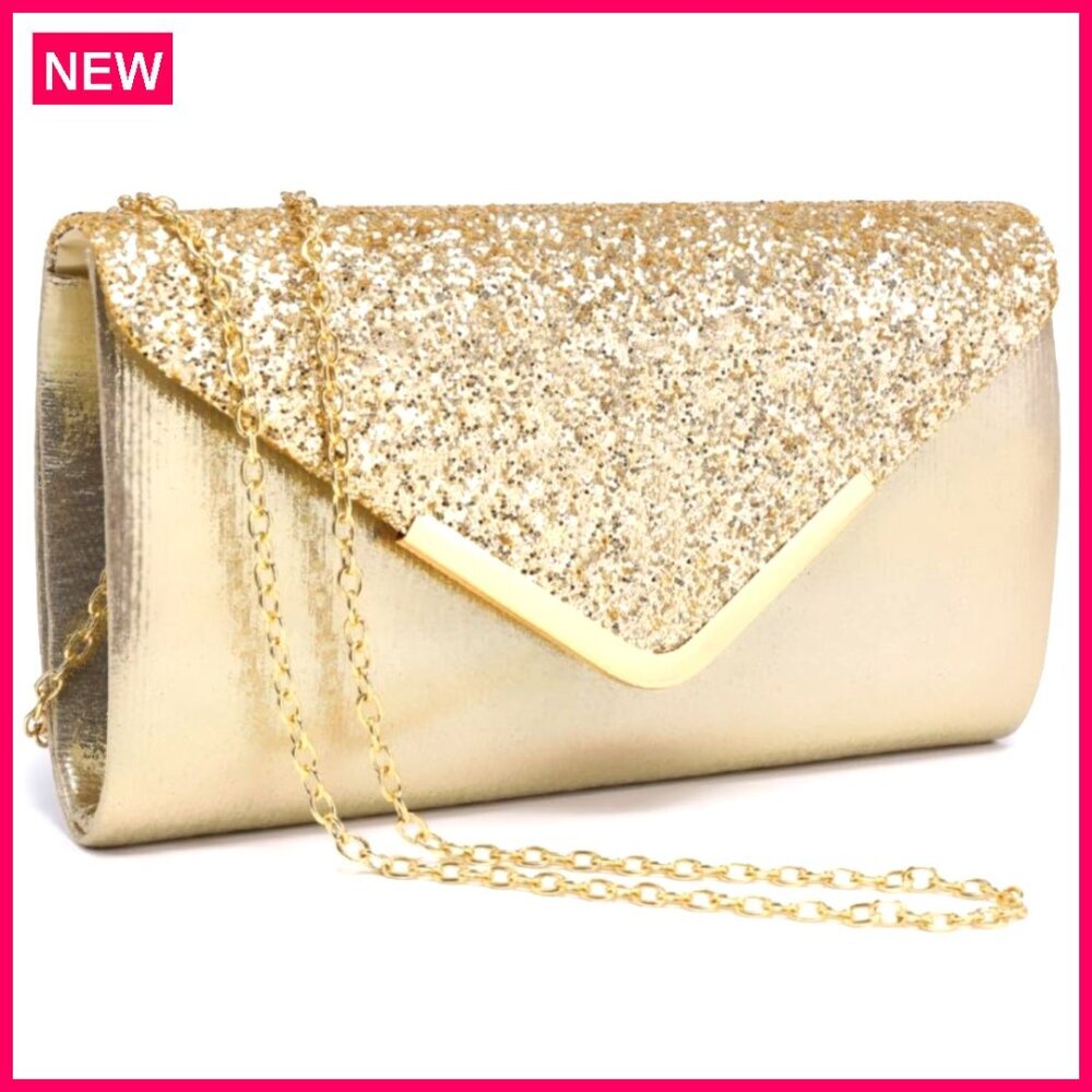 Glitter Envelope Evening Clutch with Detachable Strap, 9.5x5x2 Inches